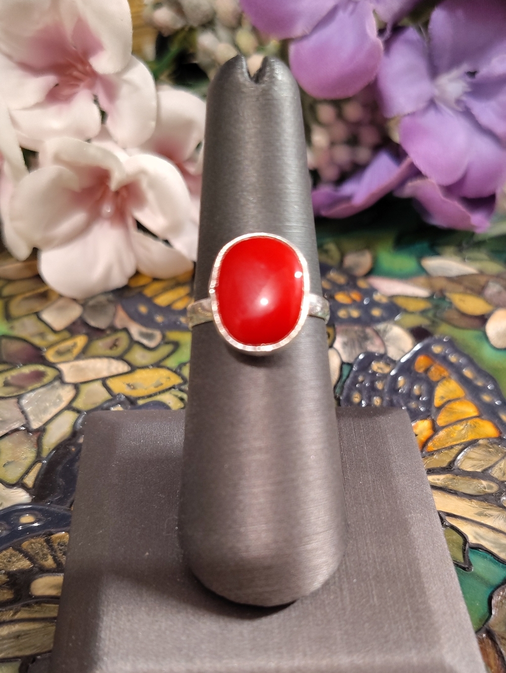 Red Coral 925 Silver Ring - Size 7